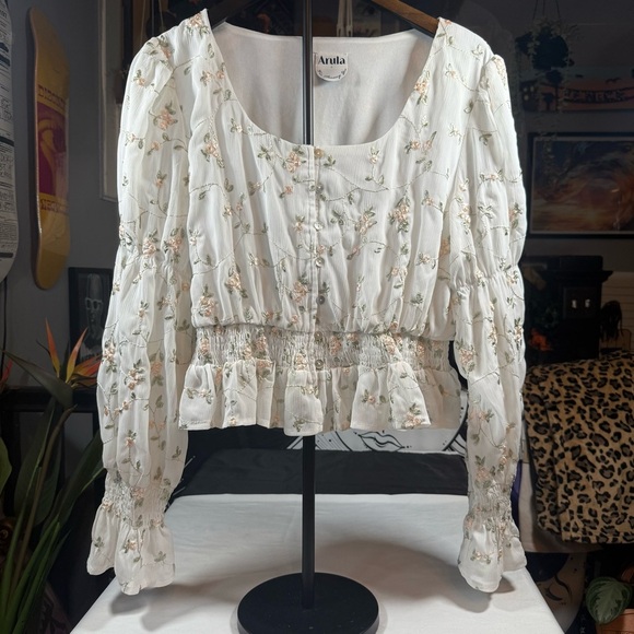 ARULA Cream Floral Blouse with Ruffle Detail - Picture 14 of 14